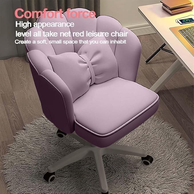 Petal Desk Chair with Bow Cushion Velvet Vanity Chair with Wheels, Upholstered Home Office Chair for Girls Women, Mid-Back Swivel Computer Task Chairs for Living Room Bedroom
