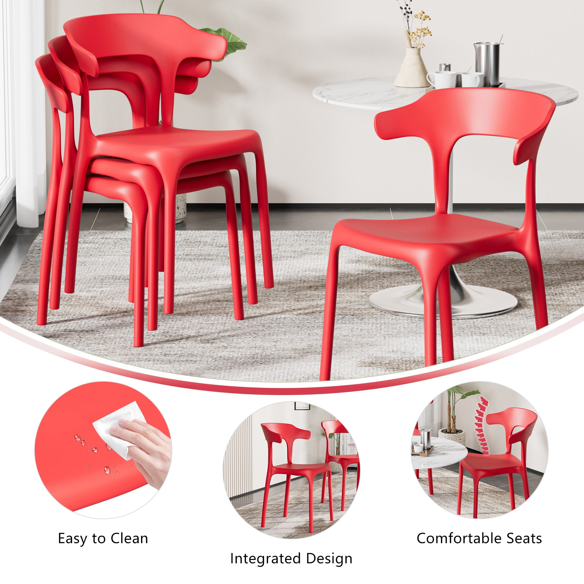 VECELO Stackable Patio Dining Chair Set of 4, Outdoor/Indoor Dining Chairs for Restaurant, Poolside and Garden, No Assembly, Red
