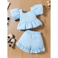 thumbnail image 3 of Suealasg 3Pcs Little Girls Summer Outfits 2T 3T 4T 5T 6T 7T Kids Girl Clothes Short Sleeve Bow Front Ruffle Tops + Shorts Set, 3 of 7