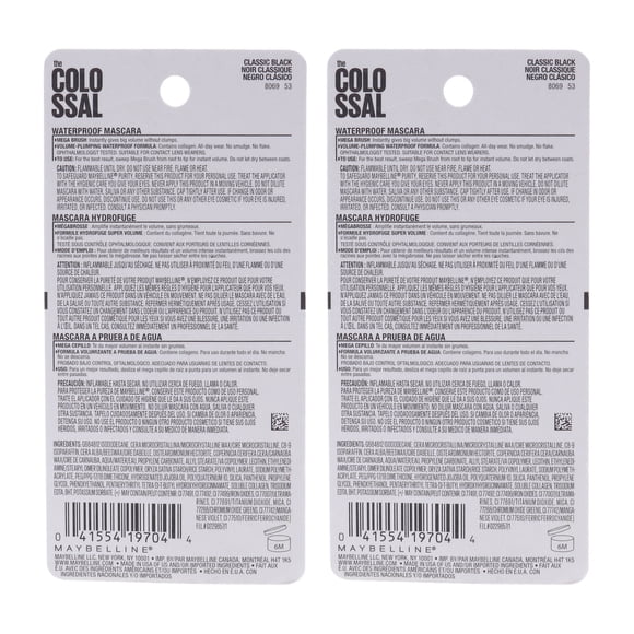 Máscara de pestañas a prueba de agua Colossal Volum Express - N.° 241 Classic Black de Maybelline para mujeres - Máscara de pestañas de 0,27 oz - Paquete de 2