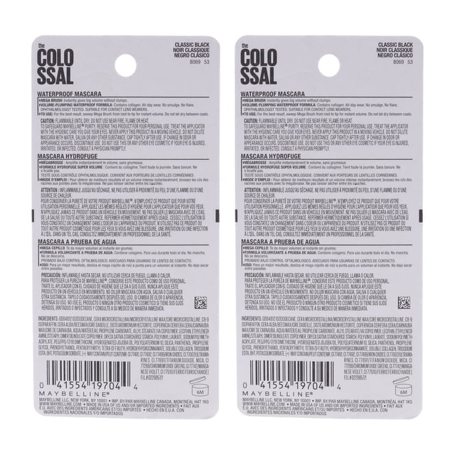 Máscara de pestañas a prueba de agua Colossal Volum Express - N.° 241 Classic Black de Maybelline para mujeres - Máscara de pestañas de 0,27 oz - Paquete de 2