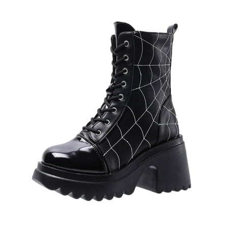 

Ladies Fashion Leather Front Lace Up Boots Side Zip Chunky Heel Platform Short Boots Womens Short Heel Boots Boots for Women Go Walk