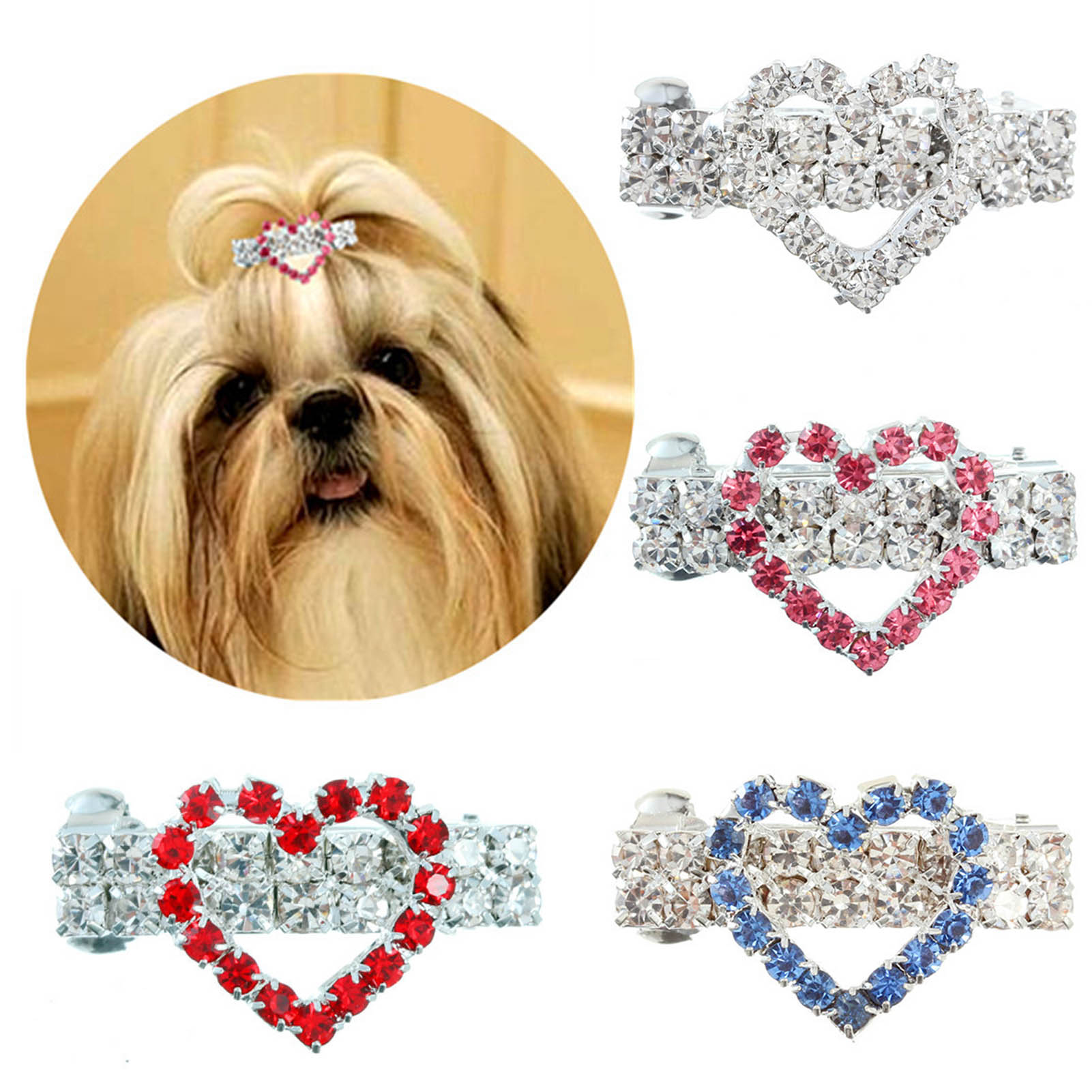 Realyc Pet Hair Clips Loveheart Shape Pet Hair Decor Longlasting Cute Pet Dogs Rhinestone Hair