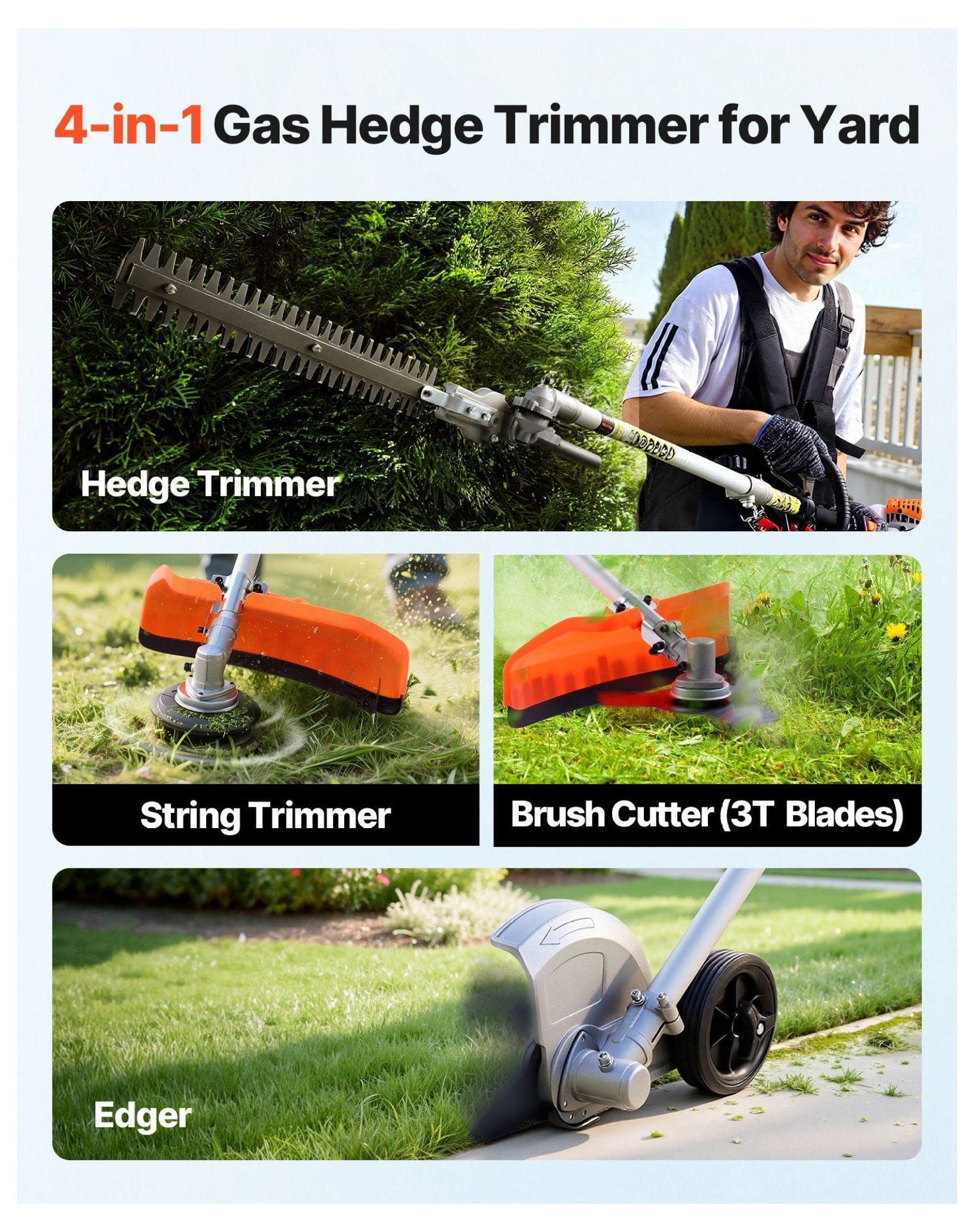 Gas Hedge Trimmer 26cc 4-in-1 Multi-Tool - String Trimmer, Edger, Brush Cutter Set with Safety Gear