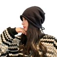 thumbnail image 2 of Eoperou Knitted Hat Drawstring Baggy Slouchy Curling Edge Solid Color Cold Resistant Woolen Yarn Autumn Winter Women Beanie Skull Cap for Outdoor, 2 of 8