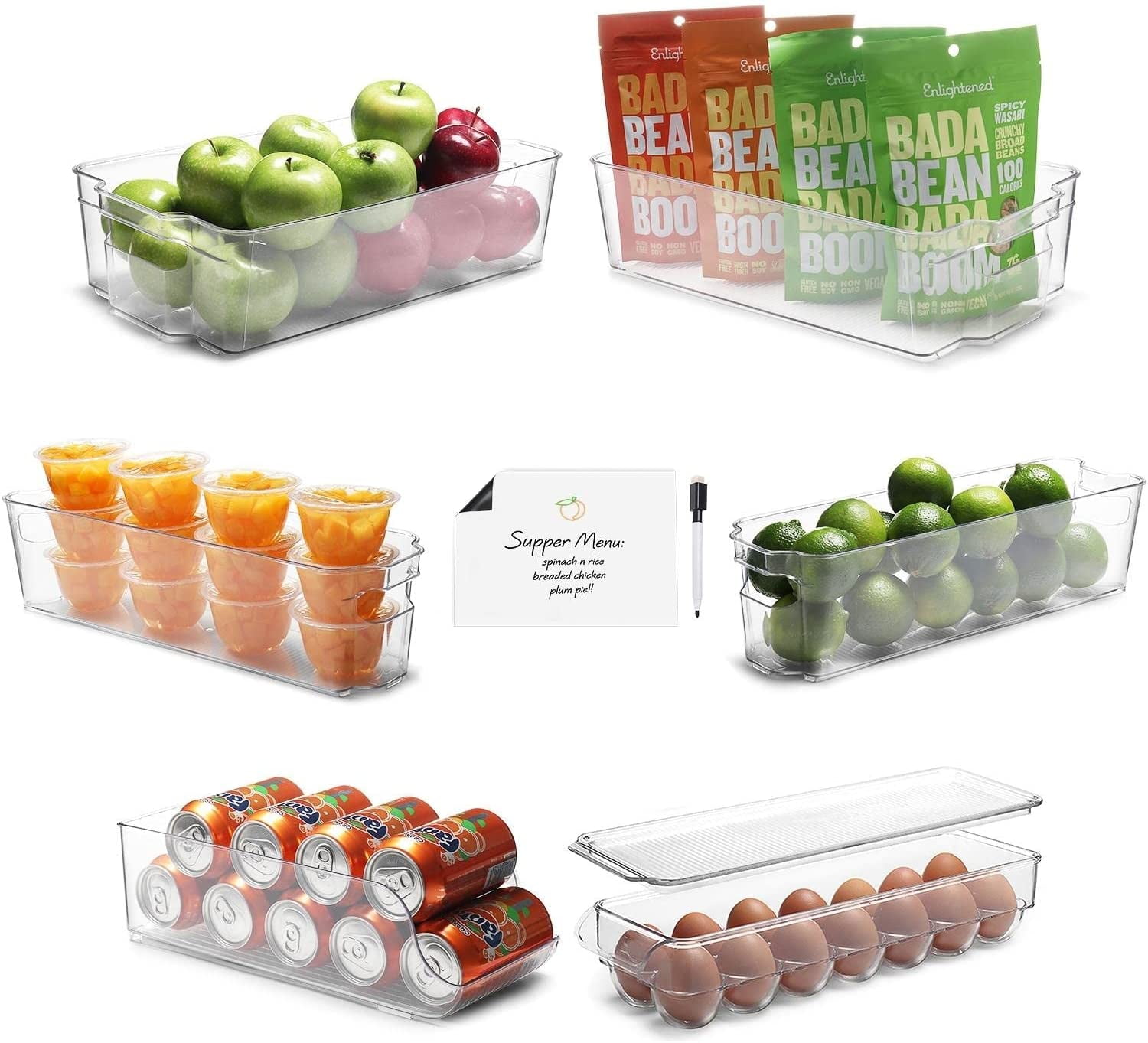 Stackable Storage Fridge Bins - Refrigerator Organizer Bins for Fridge, Freezer, Pantry And Kitchen. Includes Bonus Magnetic Dry-Erase Whiteboard & Markers Set (9-Piece Set)