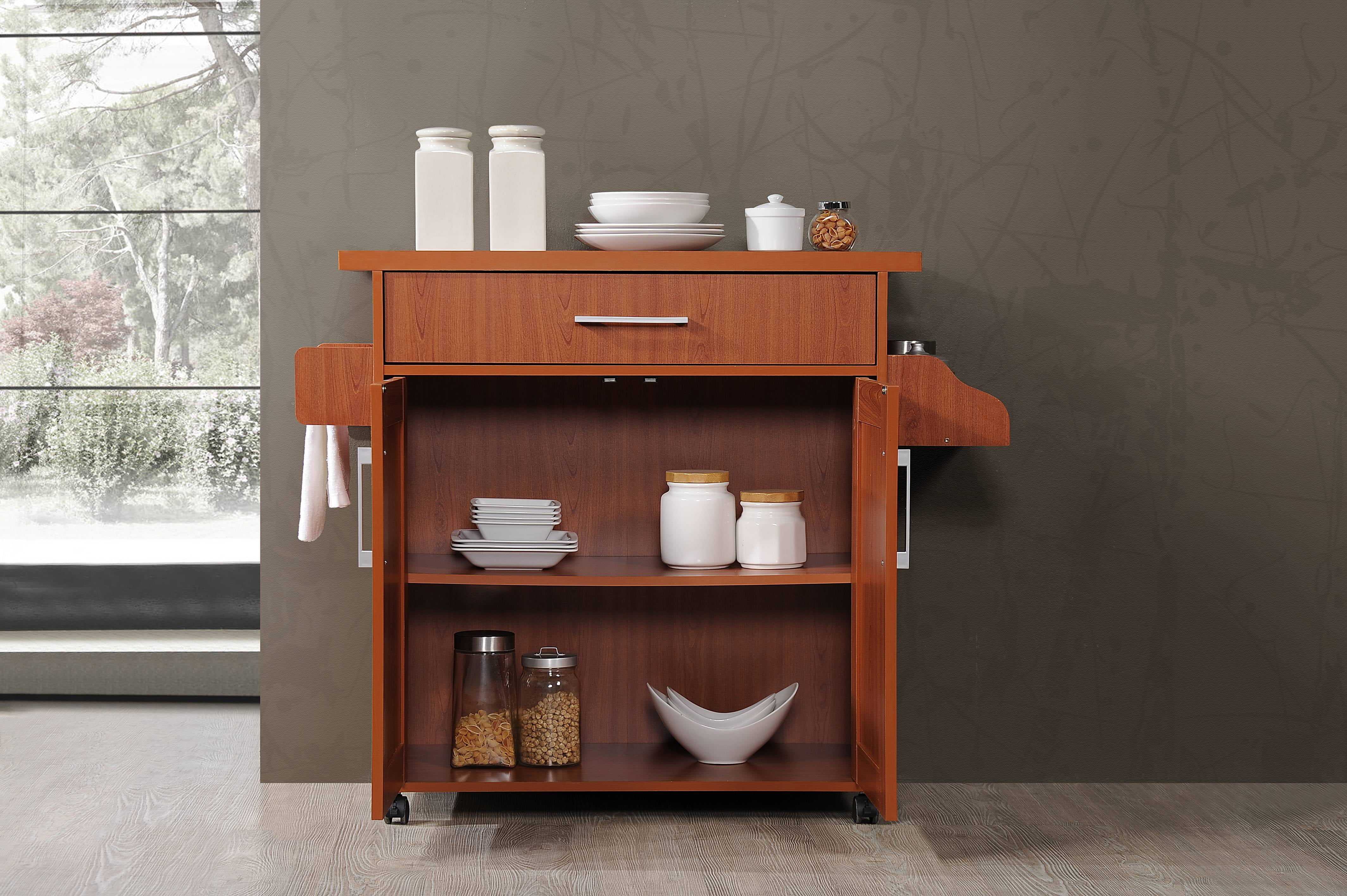 Hodedah Kitchen Cart with Spice Rack plus Towel Holder, Cherry