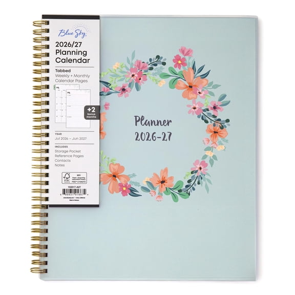 Blue Sky 2026-2027 Weekly and Monthly Academic Year Planner Calendar, July 2026 - June 2027, 8.5" x 11", Flexible Cover, Wirebound, Laminated Tabs, Storage Pocket, Laurel