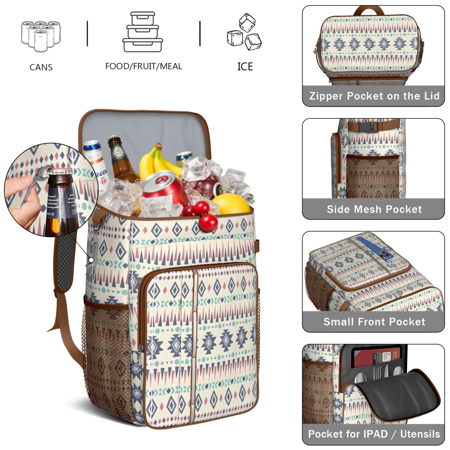 Travel Cooler Bag - Boho Bohemia Pioneer Flower Geometric Line Art Camping Beer Cooler Backpack with Bottle Opener- Waterproof Insulated Picnic Backpacks - Cooler Bag for Beach