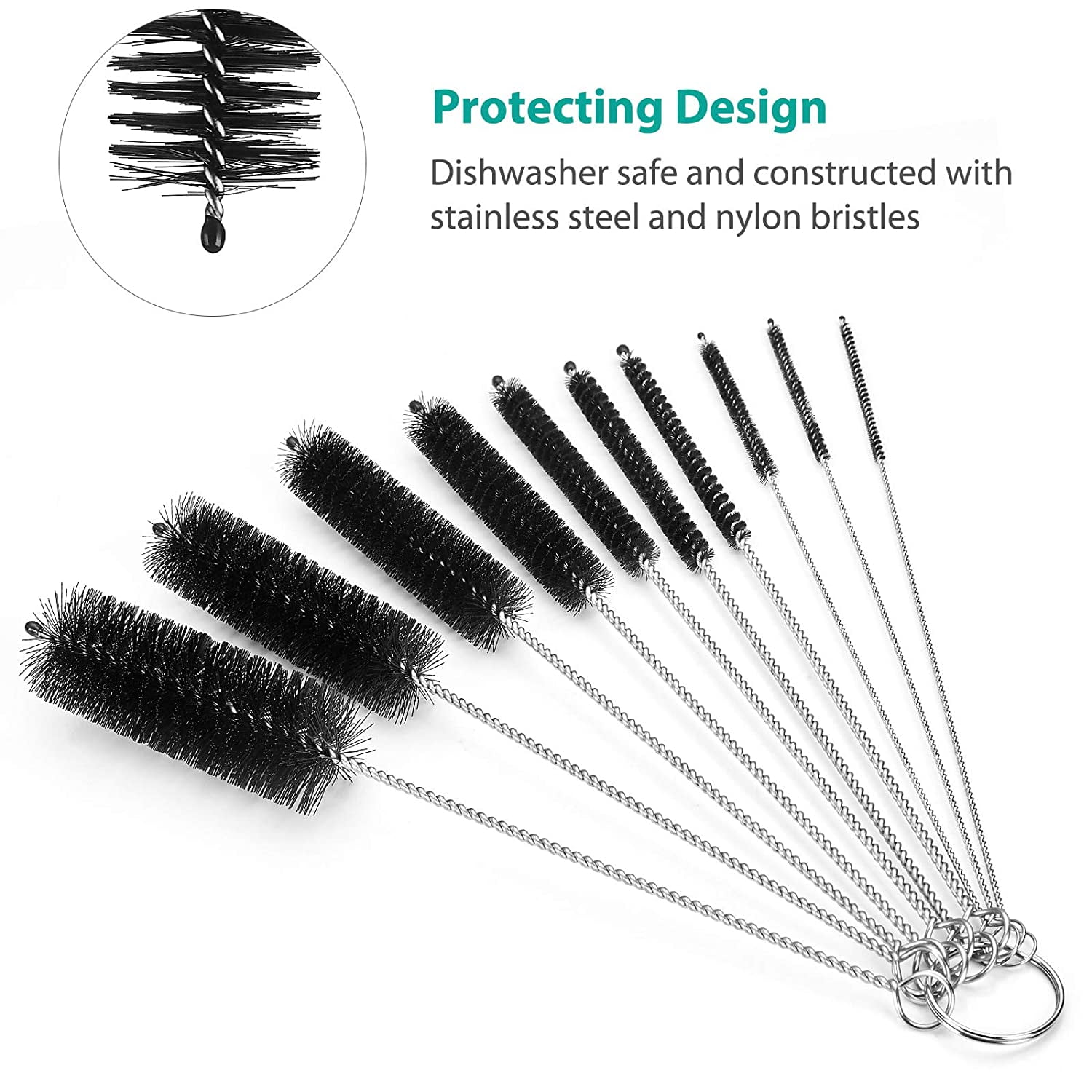 Loveinusa 8 inch Nylon Tube Pipe Brushes Cleaning Brush Set,with Protective Cap for Drinking Straws, Glasses, Keyboards, Jewelry
