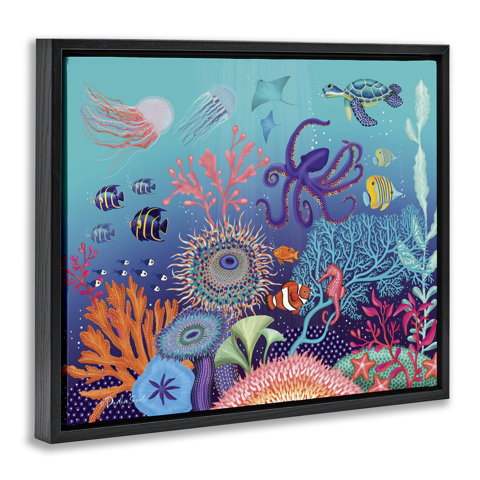 Stupell Industries Magical Underwater Reef Nautical & Beach Painting Black Floater Framed Canvas Art Print Wall Art, 25 x 31