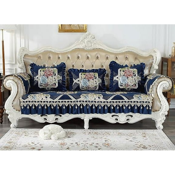 Nvzi -b Luxury Floral Jacquard Sofa Cover with Ruffled Super Soft Chenille Couch Cover Non-Slip All Season Sofa Slipcover for Dogs, Children, Pets Furniture Protector (Navy,28"x28")