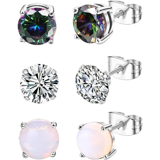 Thunaraz 3 Pairs Stainless Steel Stud Earring CZ Moonstone