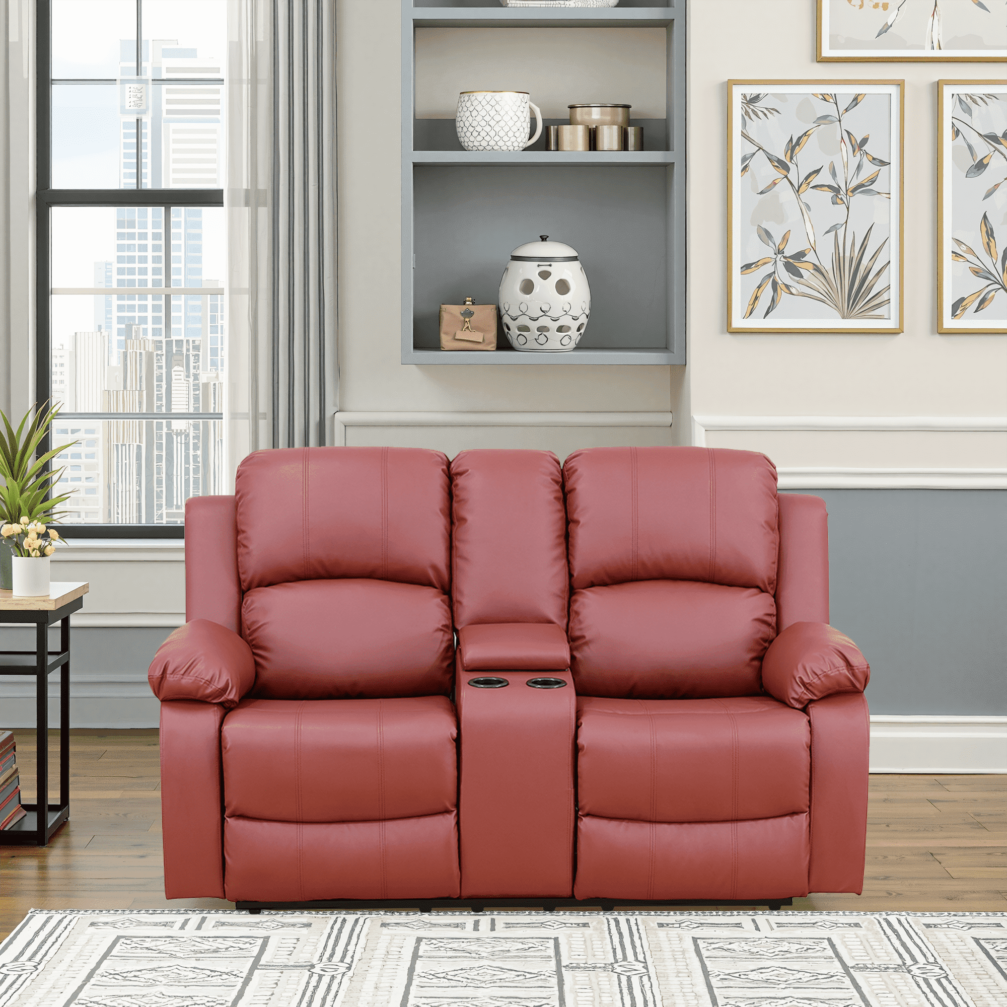 MAYEERTY Power Reclining Loveseat, Electric 2-Seat Leather Recliner with Storage & Cup Holders for Living Room, Red