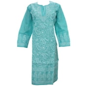 Mogul Indian Tunic Dress Hand Embroidered Blue Long Sleeves Ethnic Kurtis XL