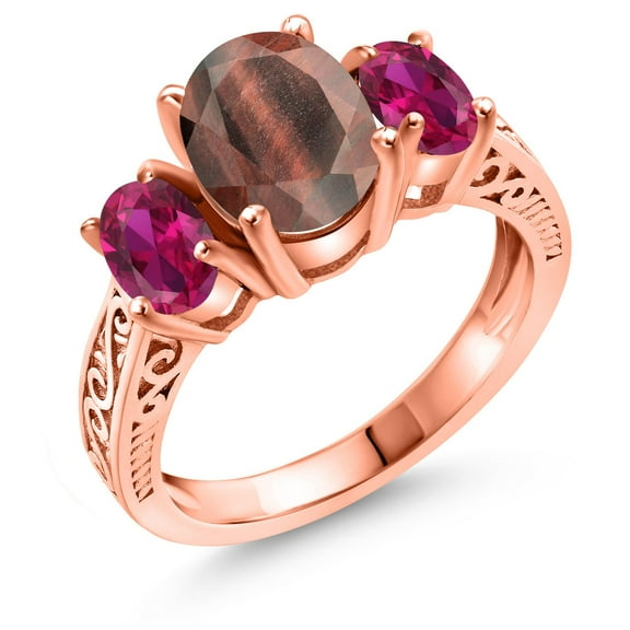 Gem Stone King 2.50 Ct Oval Red Tiger Eye Red Created Ruby 18K Rose Gold Plated Silver Ring (Size 6)