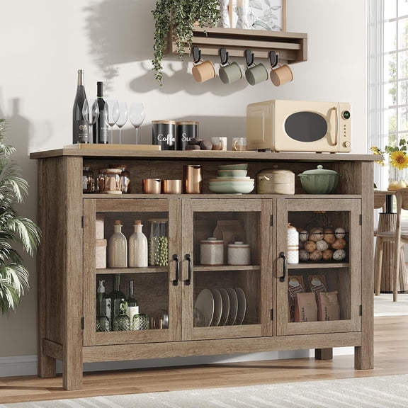 55.5-Inch Farmhouse Sideboard Buffet with Glass Doors and Adjustable Shelves