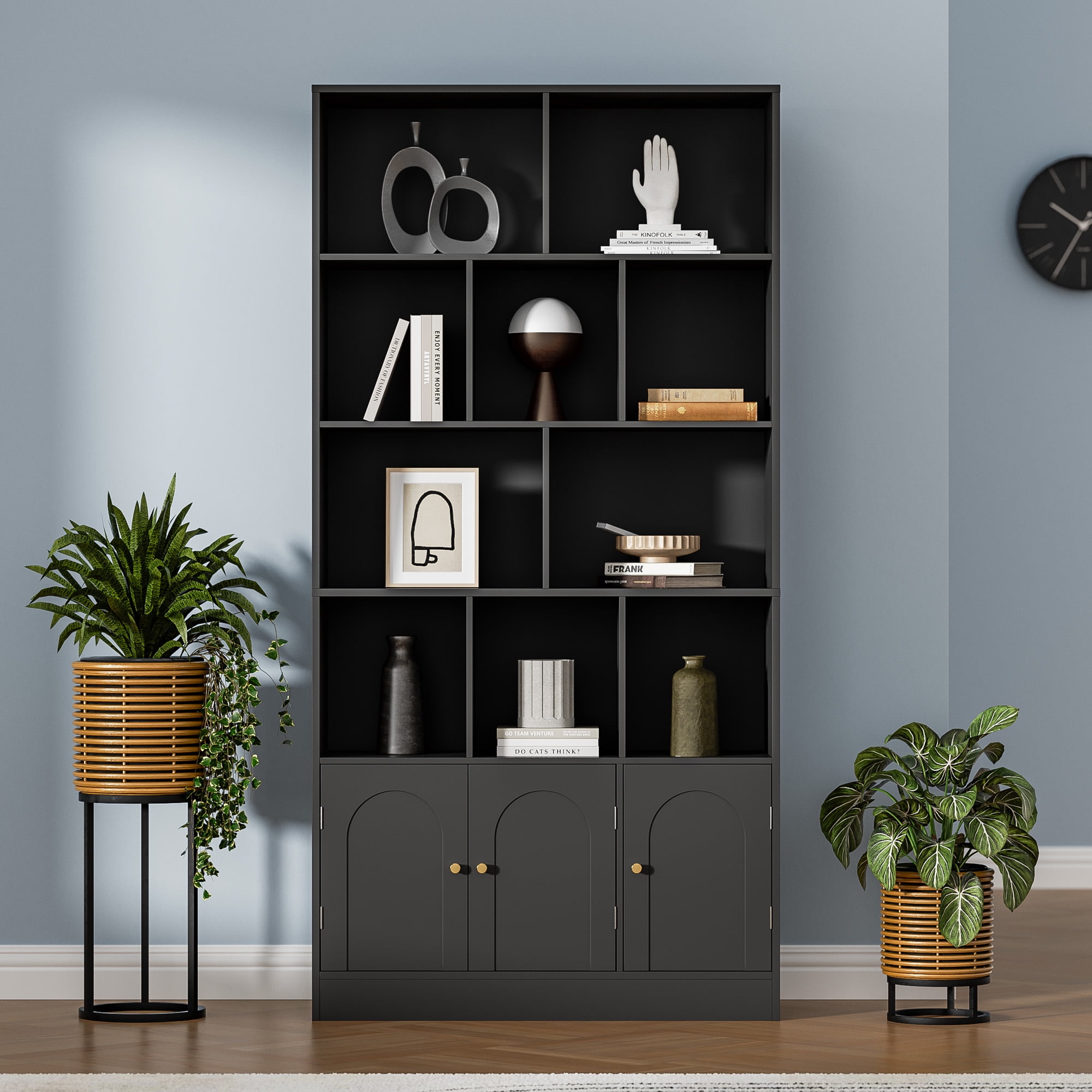 4-Tier Tall Bookshelf with 3 Doors, 71" Open Shelf Bookcase with 10 Cubes, Modern Cube Storage Organizer for Living Room, and Office, Black