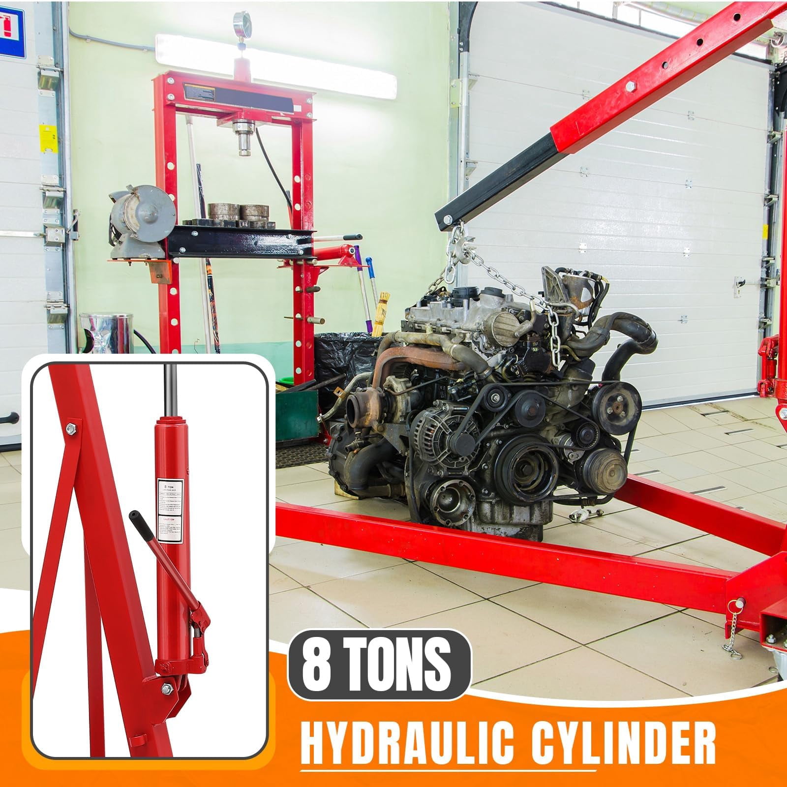 2 Ton Folding Hydraulic Engine Hoist - 4400 lbs Heavy Duty Cherry Picker Shop Crane - Telescopic Boom - 6 Swivel Casters - Adjustable Lift - Red - Without Lifting Gear, Fixed with U-Shaped Iron Piece