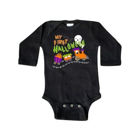 

Inktastic My First Halloween- train with pumpkins bats cat and ghost Gift Baby Boy or Baby Girl Long Sleeve Bodysuit