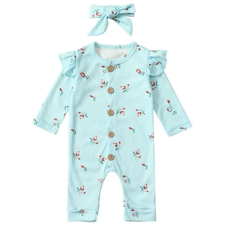 

Canrulo 2PCS Infant Baby Girls Floral Printing Long Sleeve O-Neck Button Jumpsuit Suit Blue 6-12 Months
