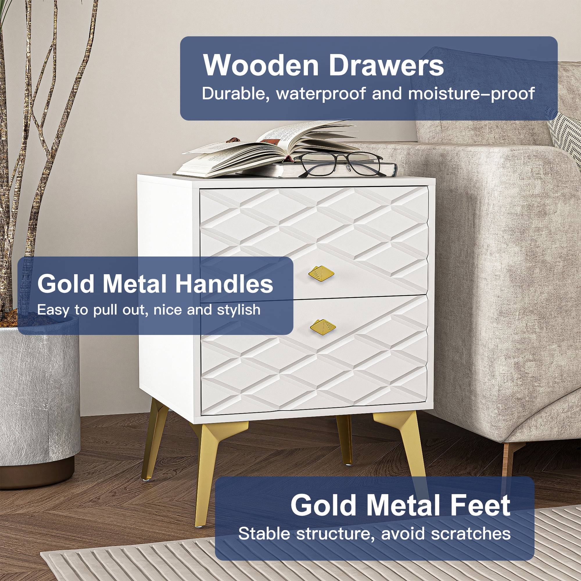Finihen 22" Tall Carved Nightstand with 2 Drawers, End Table Dual Night Stand with Metal Legs for Bedroom Living Room, White