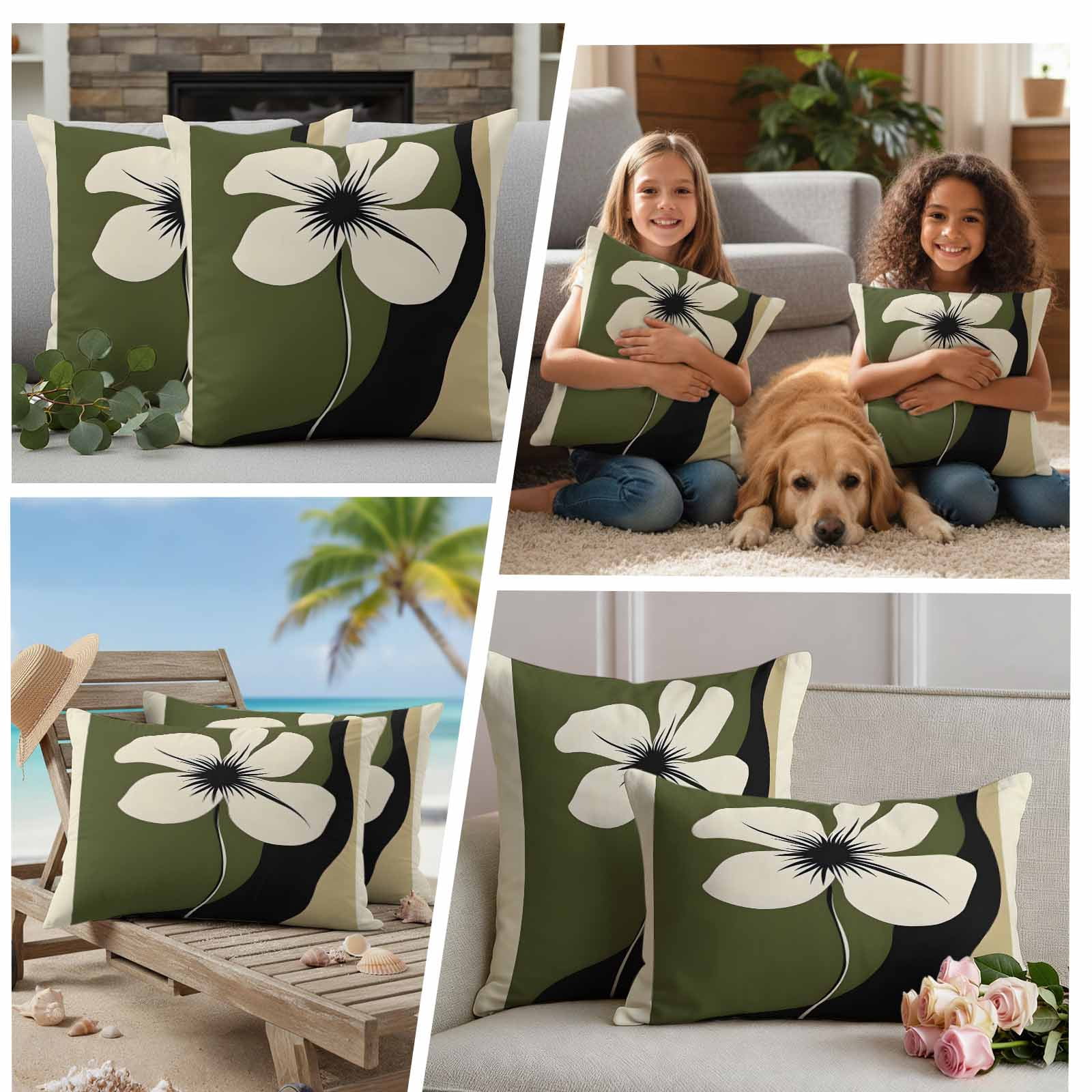 Green Floral Spring Outdoor Waterproof Pillow Covers, Modern Abstract Blooms Botanical Decorative Rectangle Throw Pillowcase Sofa Cushion Sham for Patio/Couch/Chair, 20"x12" 2 Pack