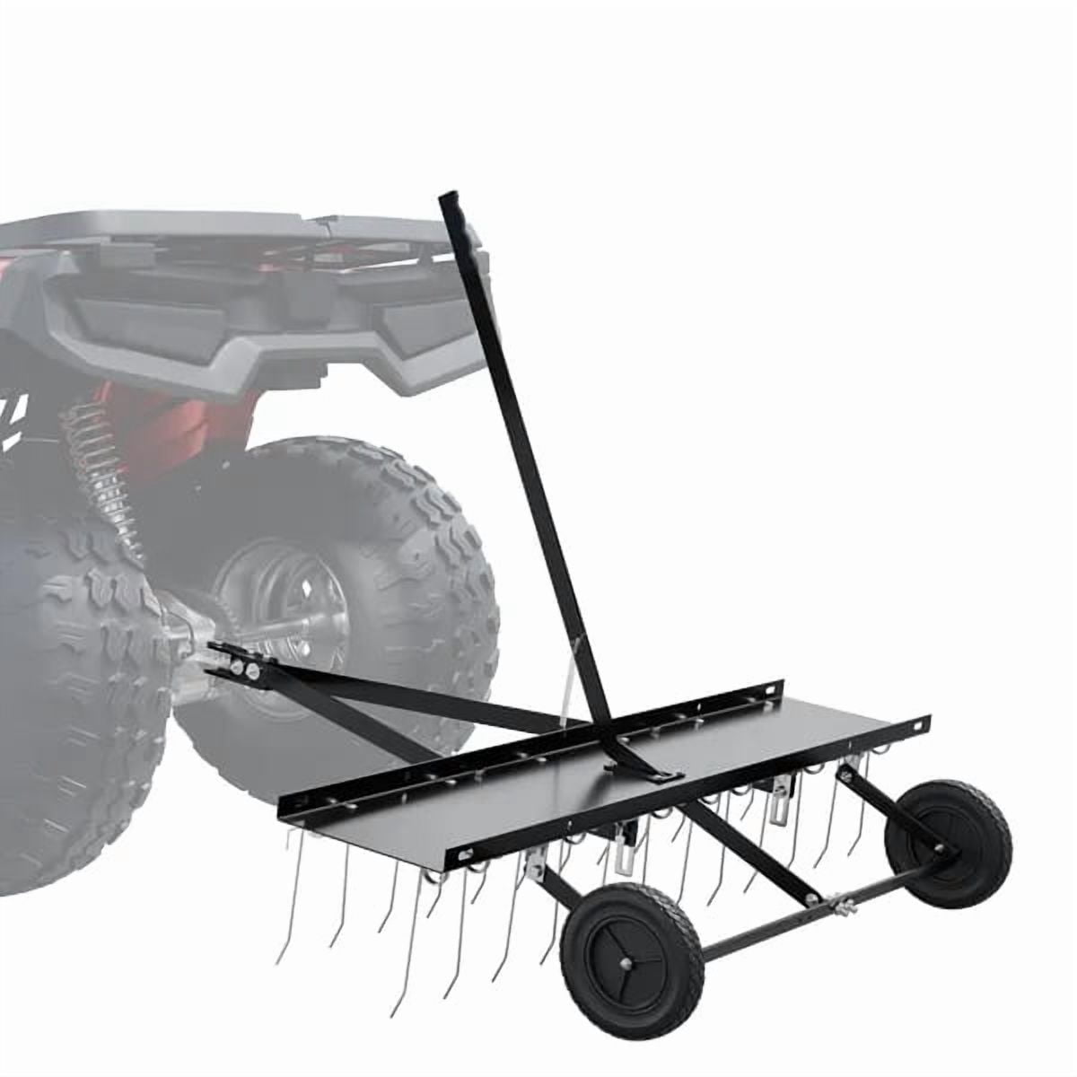 48-inch Tow Behind Dethatcher with 24 Spring Steel Tines, Tow Behind Lawn Rake with Lift Handle for ATV Mower Garden Farm