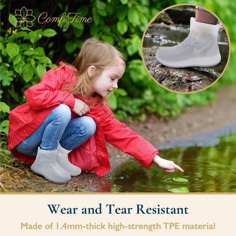 ComfiTime Waterproof Shoe Covers Anti Slip Outsole Design Above Ankle Coverage Shoe Covers for Rain Durable TPE Rubber Reusable Shoe Protectors
