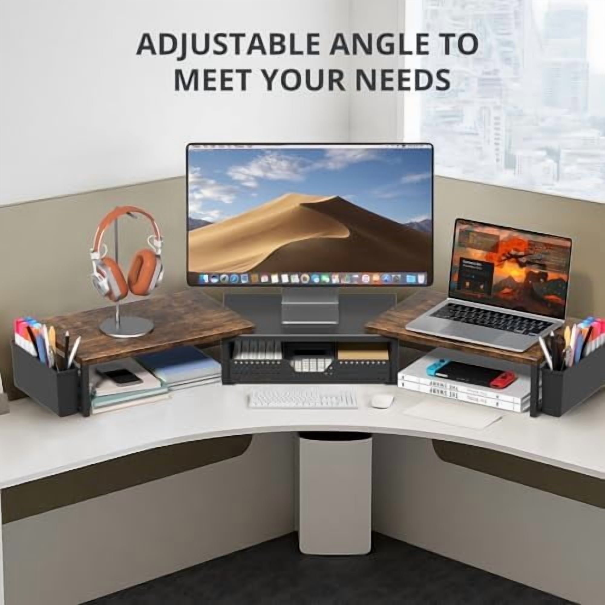 Wood Desk Organizers and Accessories, Dual Monitor Stand Riser with Drawer and 2 Pen Holders, Desk Shelf Computer Racks for Office Workspace Organizers, Desktop Organization (Rustic Brown)