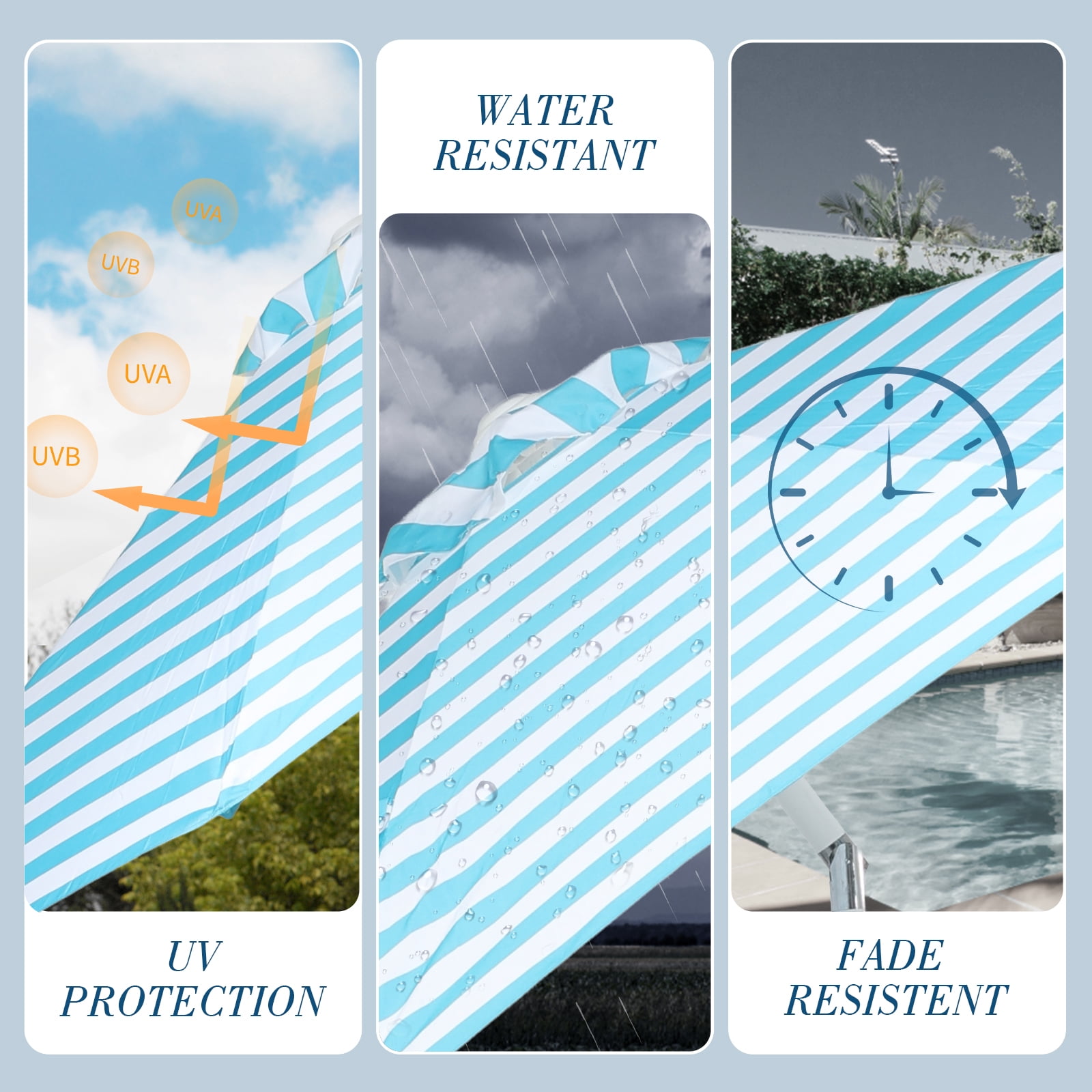 BPS 9FT Outdoor Patio Umbrella with Push Button Tilt & Crank, 8 Sturdy Ribs, UV Protection, Sky Blue-White Stripes