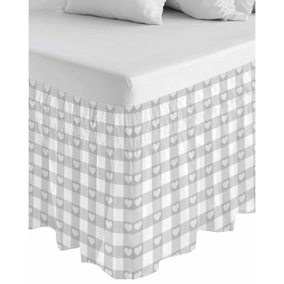 Grey Buffalo Striped Wrap Around Bed Skirts for California King Bed 16" Drop,Bed Skirt with Adjustable Elastic Belt Dust Ruffle Bed Valance for Bedroom Hotel Love Heart Checkered Bed Frame Cover