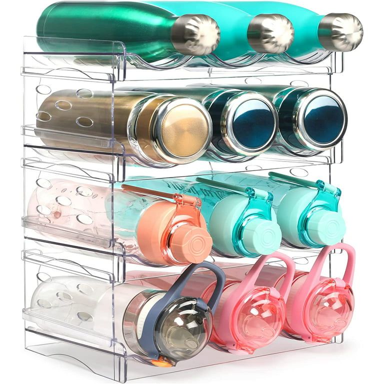 Clear Water Bottle Organizer, 4 Pack Water Bottle Storage Rack Plastic,  Stackable Water Bottle Holder, Cup Organizer for Kitchen Cabinet,  Countertop