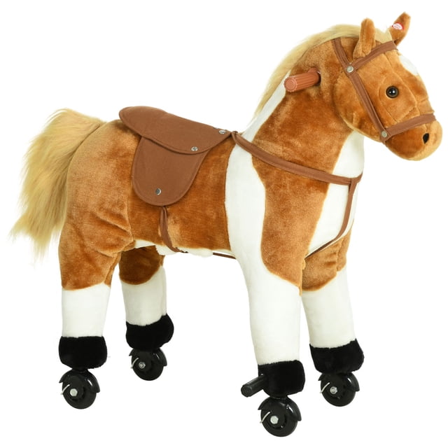 Qaba Plush Walking Horse Ride-On Toy - Brown Animal Rocker with Sound & Wheels - Indoor Fun for Ages 3+ - Durable Iron & Plush Construction