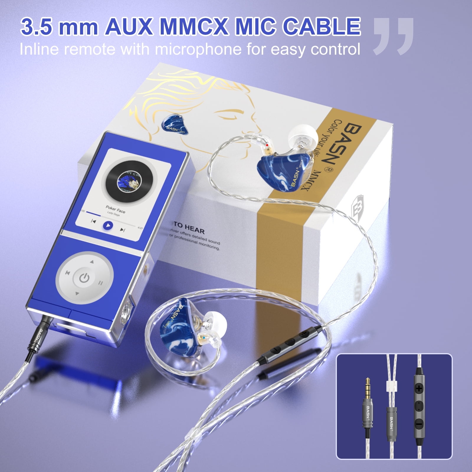 BASN MMCX in-Ear Monitors Headphones, Triple Drivers with Rich Bass, Noise-Isolation HiFi Stereo Earbuds with Upgraded Detachable Cables for Audiophiles Musicians (Blue)