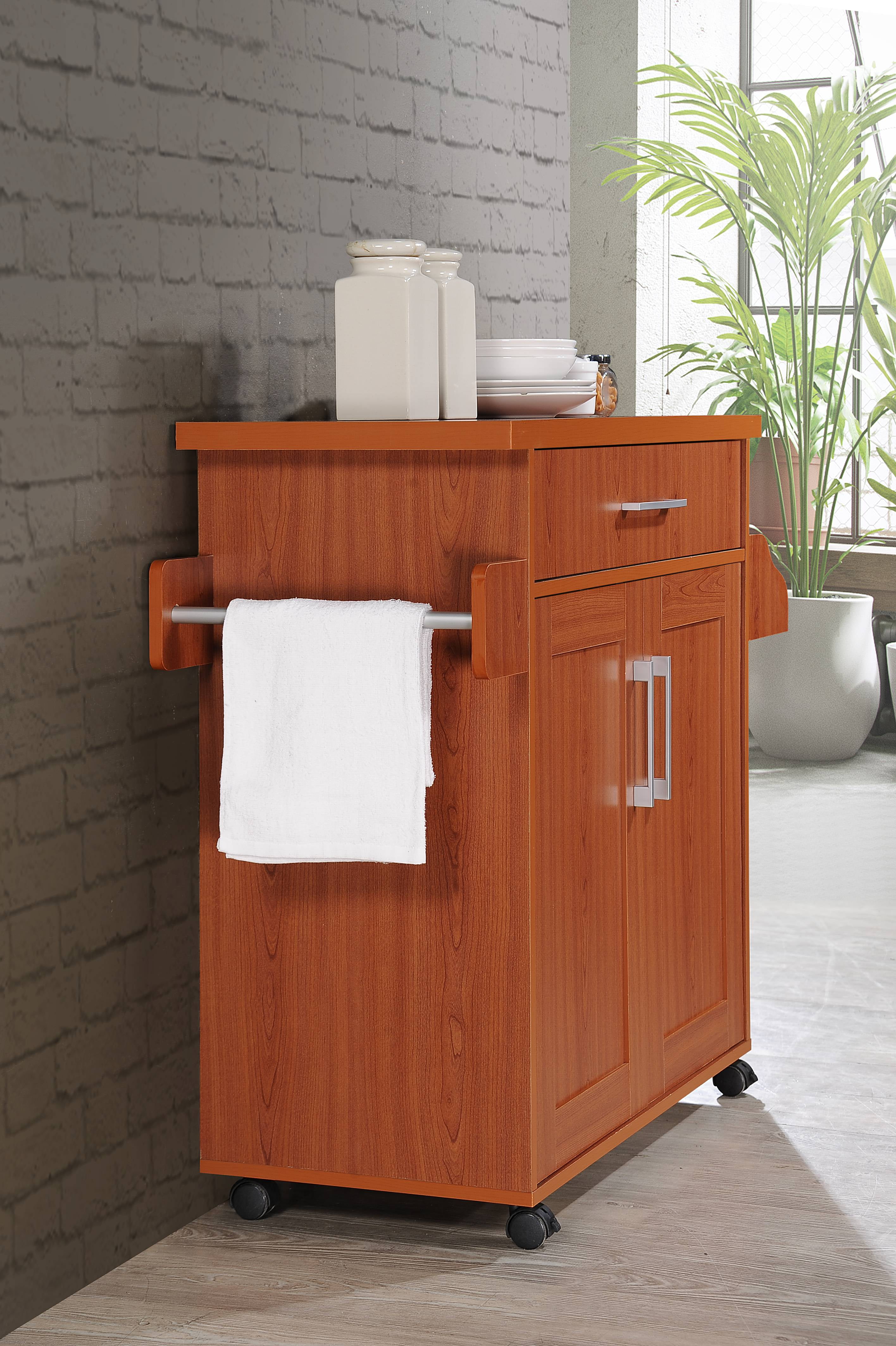 Hodedah Kitchen Cart with Spice Rack plus Towel Holder, Cherry
