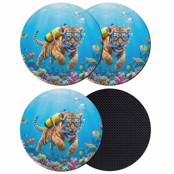 Funny Diving Tiger Coasters Set of 4, Absorbent Coasters for Drinks, Ocean Sea Coastal Coral Fish Marine Life Coaster for Desk Coffee Table Protection, Home Decor House Warming Gifts 4"