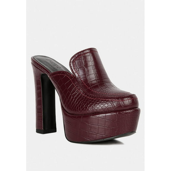 BAUHAUS Burgundy Croc Pattern Heeled Platform Mules