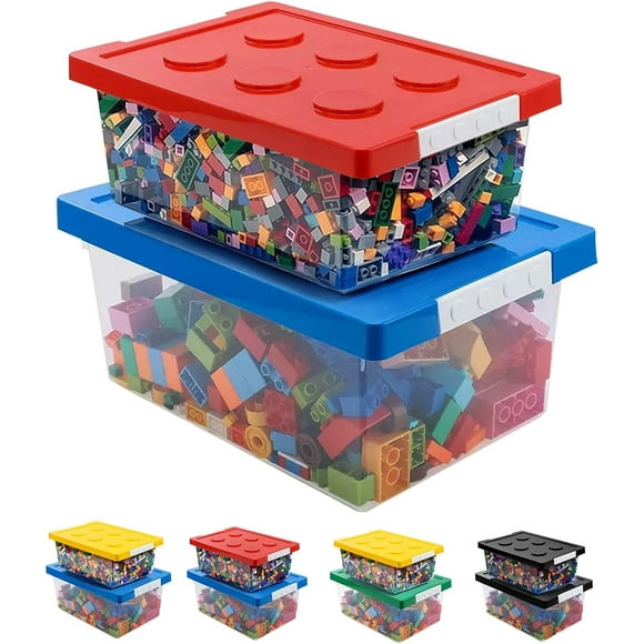 Plastic Storage Bins with Lids - Stackable Toy Storage Organizer Box Set of 2, Kids Toy Chests with Compatible Building Baseplate and Lid - Red+Blue