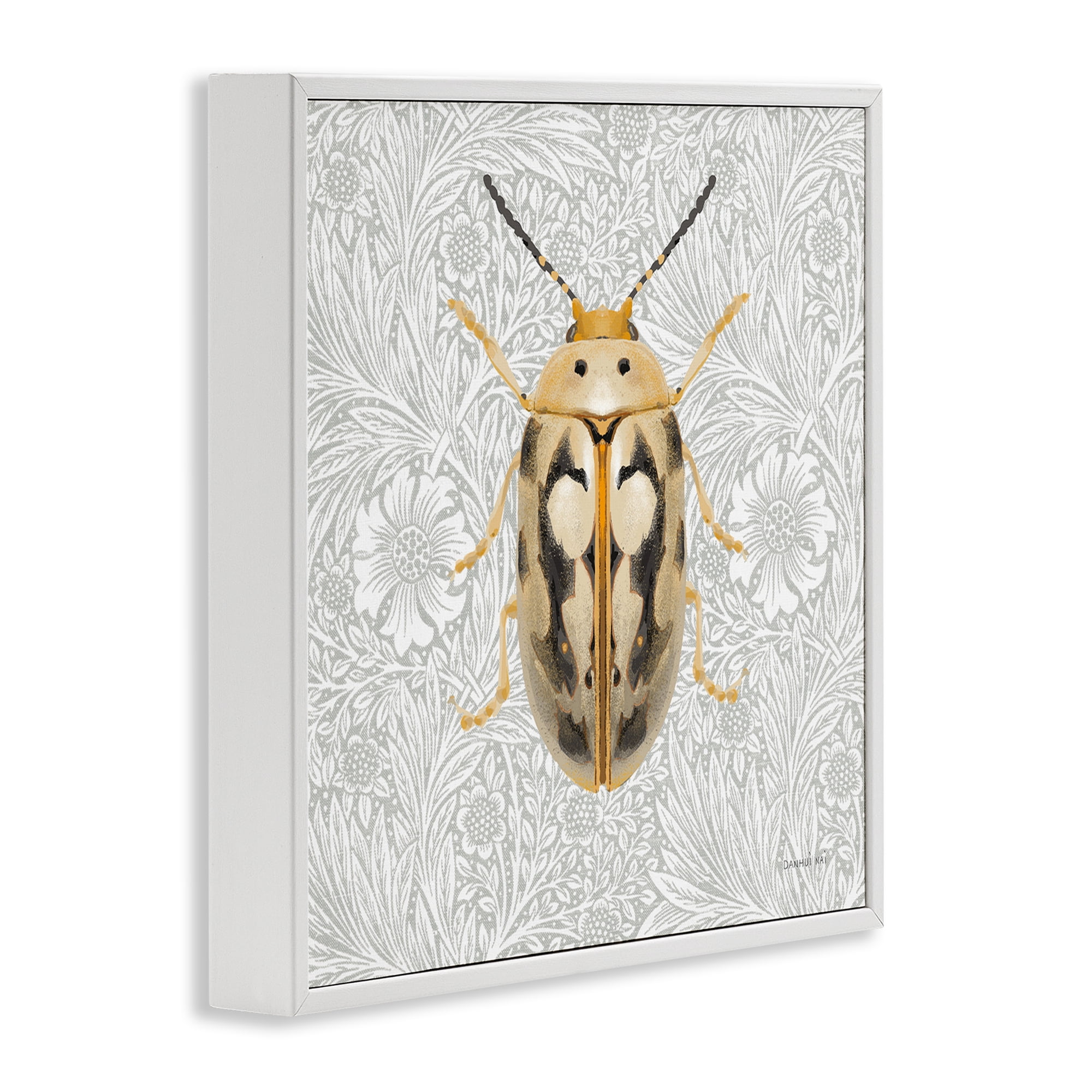 Stupell Industries Vintage Beetle Floral Pattern Animals & Insects Painting White Framed Art Print Wall Art, 24 x 24