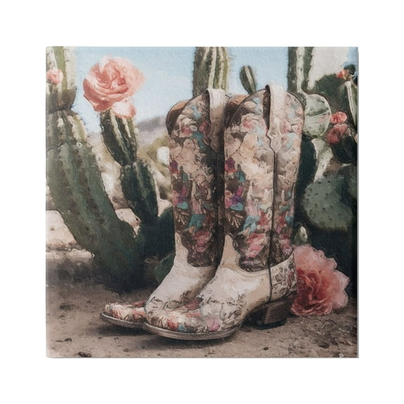 Stupell Industries Boots with Cactus Flowers Beauty & Fashion Painting Gallery Wrapped Canvas Print Wall Art, 17 x 17