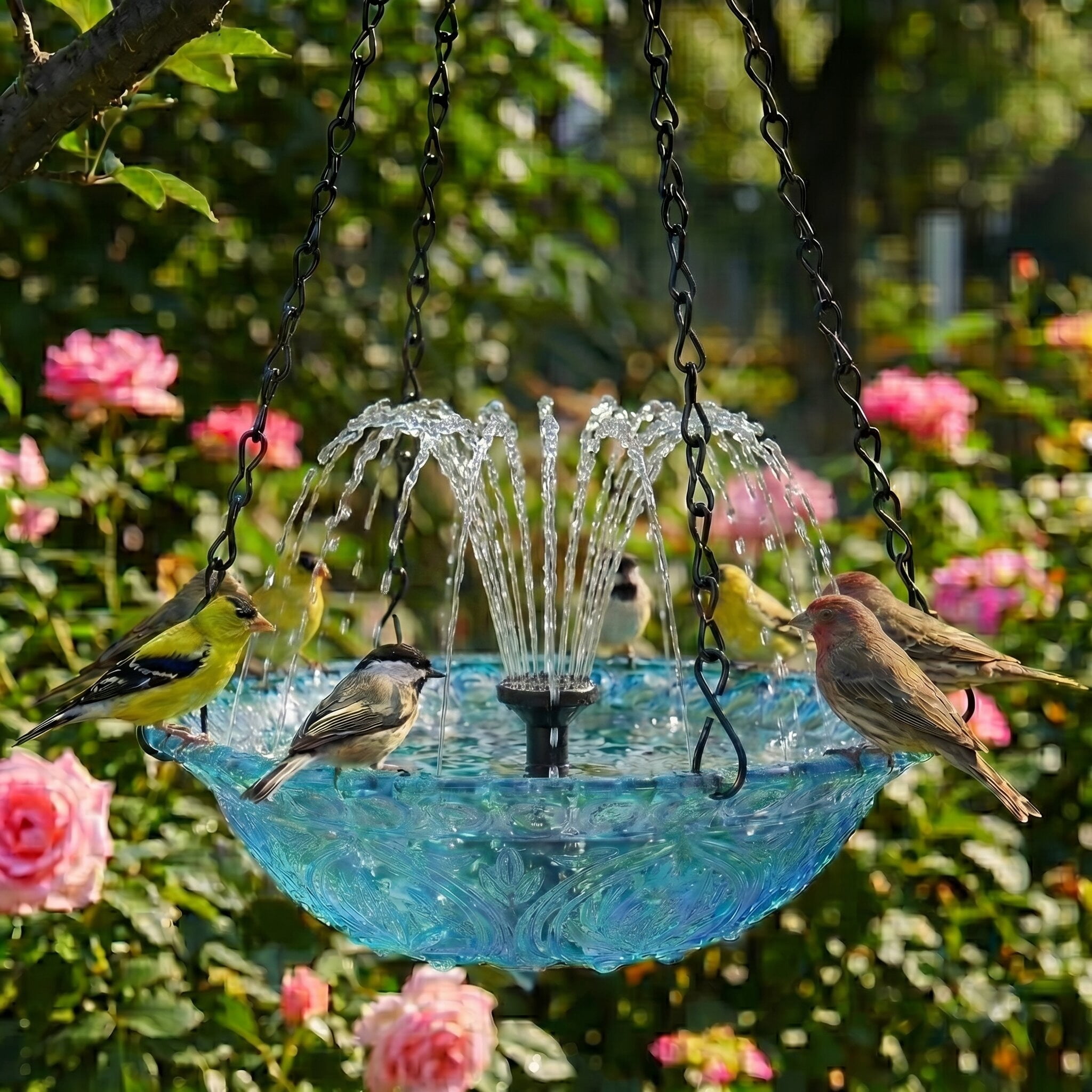 Fuebueo Solar Powered Hanging Bird Bath with Floating Fountain, Durable Birdbath for Outdoor Garden Decor, Hummingbird Bath with Solar Water Pump, Blue