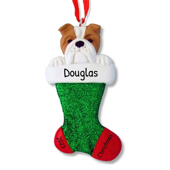 Ornaments by Elves Personalized Bulldog in Green Christmas Stocking Ornament Pet Dog Decor .25lbs