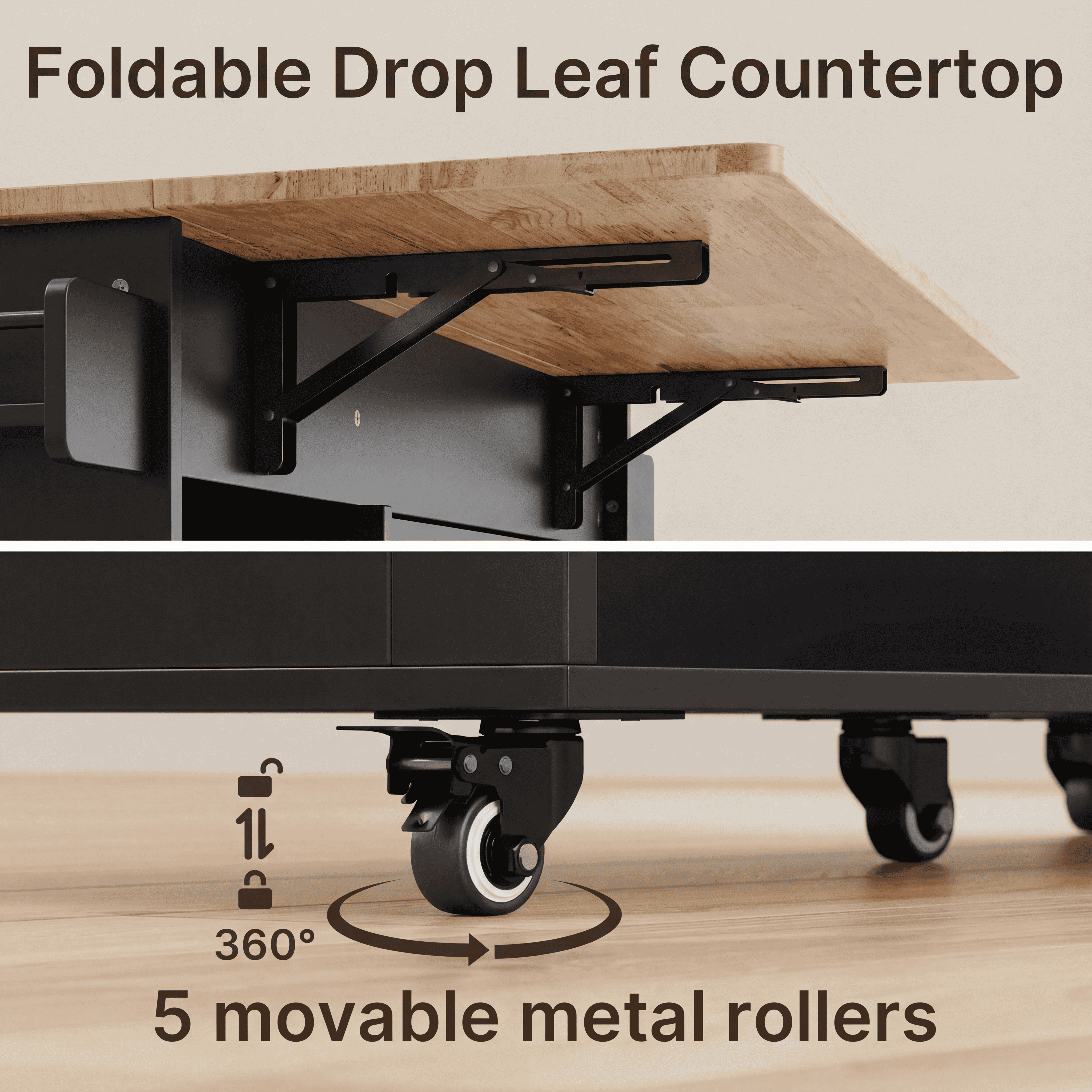 Aiho Rolling Island Table with Storage, 41.2" W Kitchen Island on Wheels with Drop Leaf & Spice/Towel Rack & Adjustable Shelf, Perfect for Kitchen, Living Room, Black