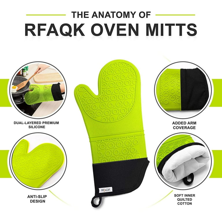 Extra Long Oven Mitts and Pot Holders Sets, RORECAY Heat Resistant Silicone Oven  Mittens with Mini Oven Gloves and Hot Pads Potholders for Kitchen Baking  Cooking, Quilted Liner, Green, Pack of 6 