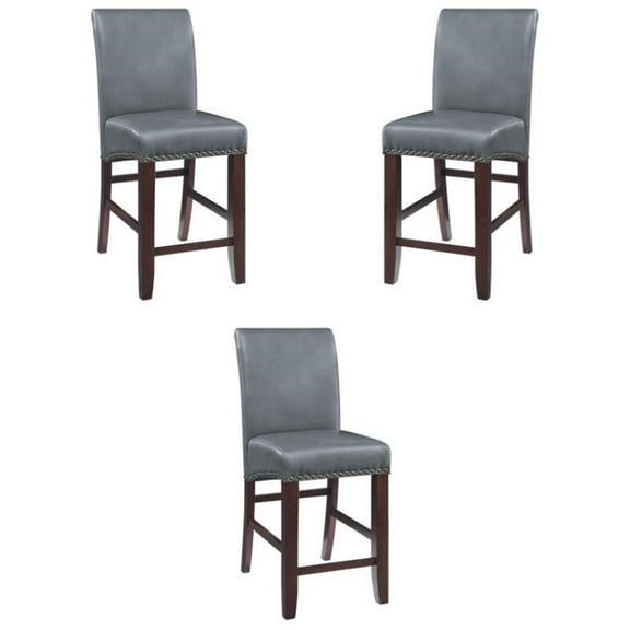 Home Square Faux Leather Barstool with Nail Heads in Pewter Gray - Set of 3