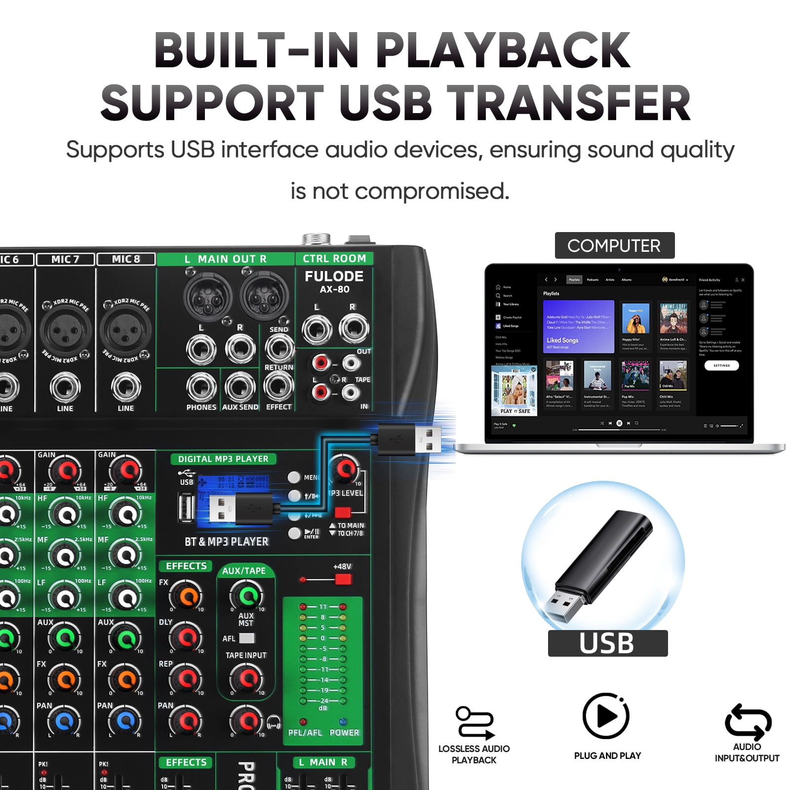 FULODE Audio Mixer 8 Channel Digital Mixer, Professional Bluetooth Sound Board DJ Mixers with 48V Phantom Power, USB Interface Stereo Mixing Console Analog Mixer for Karaoke Podcasting (AX-80)