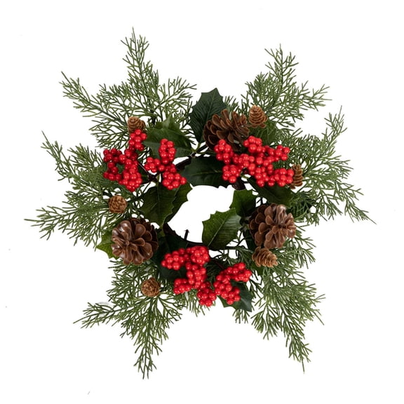 Aurorax Christmas Candle Ring Wreath,Christmas Candle Holders with Pines Branches Red Berries Rustic 14" Christmas Decorations Indoor for Table Centerpiece