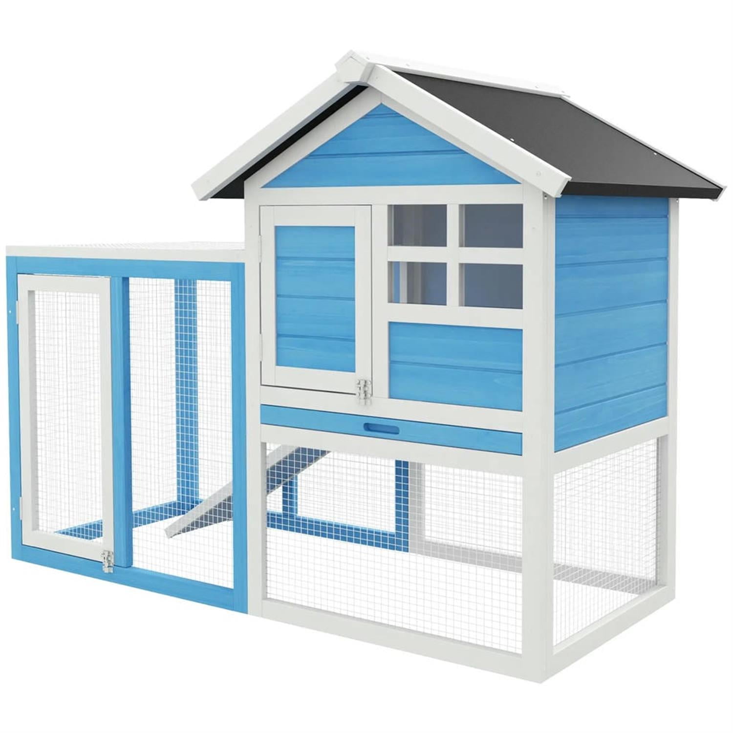 Kadyn 48" Wooden Rabbit Hutch with Slide-out Tray, Outdoor Small Animal Habitat Chicken Coop Bunny Cage for Bunnies, Guinea Pigs, Blue