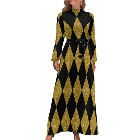 Black and Gold Harlequin Long Dress prom clothes elegant guest wedding dress